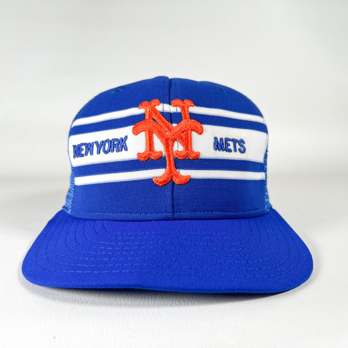Vintage 80's New York Mets AJD Striped Mesh Trucker Snapback Hat