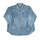 Blue denim shirt with brand logo on a white background