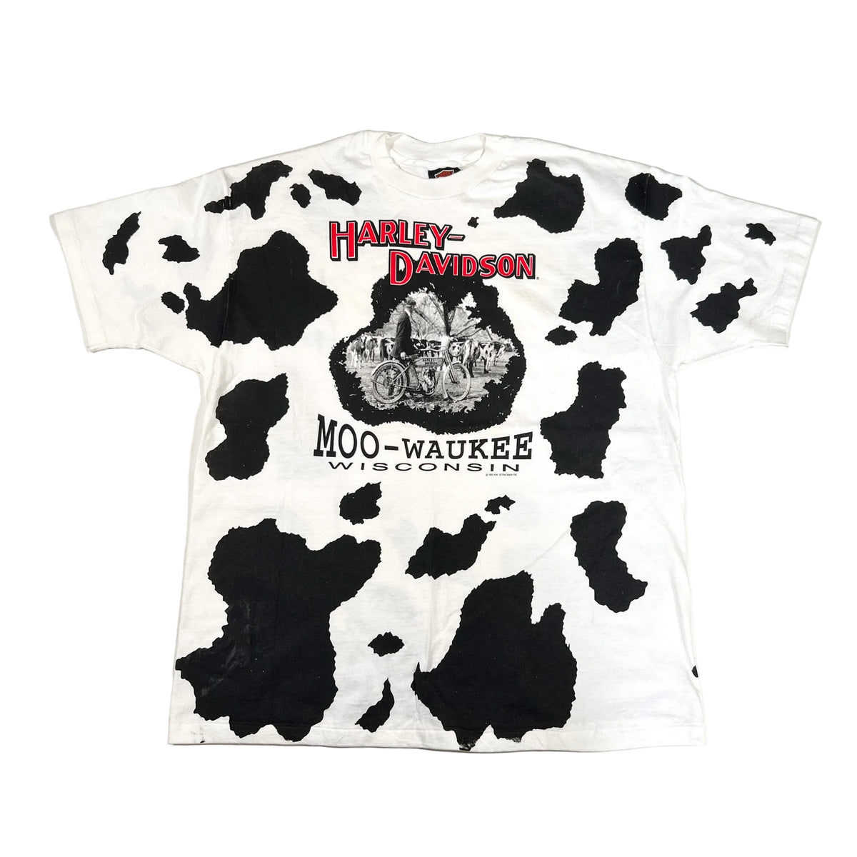 Vintage 1993 Harley-Davidson Moo-Waukee Wisconsin AOP Cow Print T 
