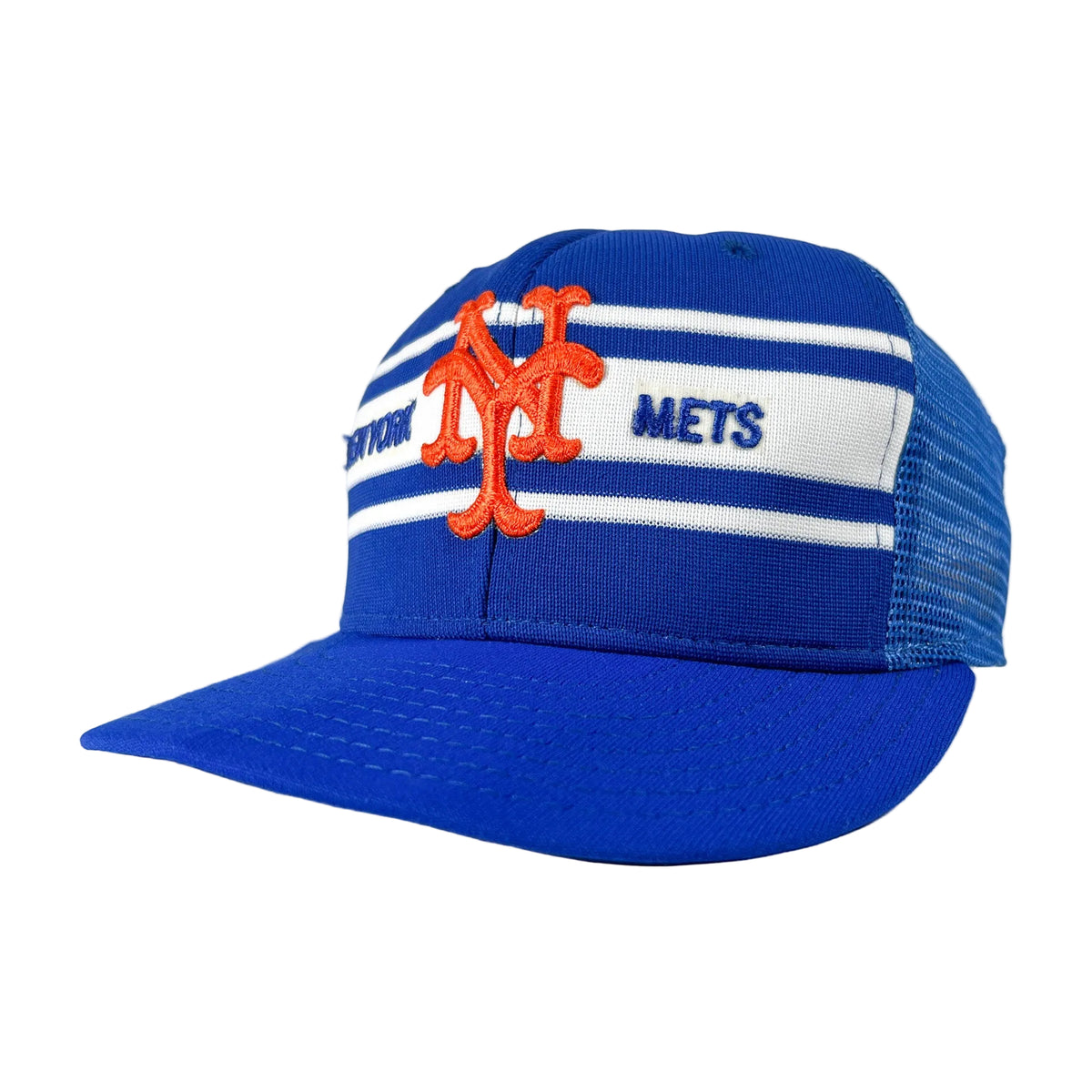 Vintage 80's New York Mets AJD Striped Mesh Trucker Snapback Hat