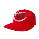 Red cap with white text and graphics on a white background