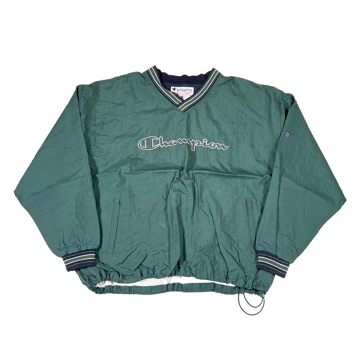 Vintage 90's Champion Script Forest Green V-Neck Windbreaker