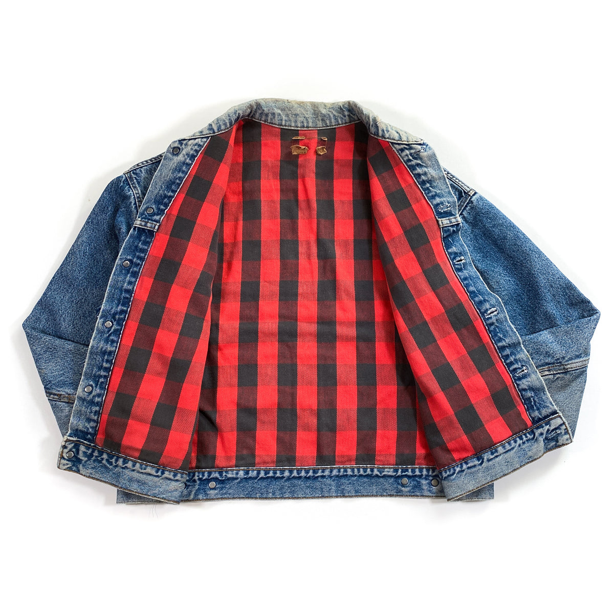 Plaid Lined Harley Levi's Jean Jacket / Vintage 1980s Faded Worn Levis Jean  Jacket W/ Red N Black Buffalo Plaid Flannel Lining 