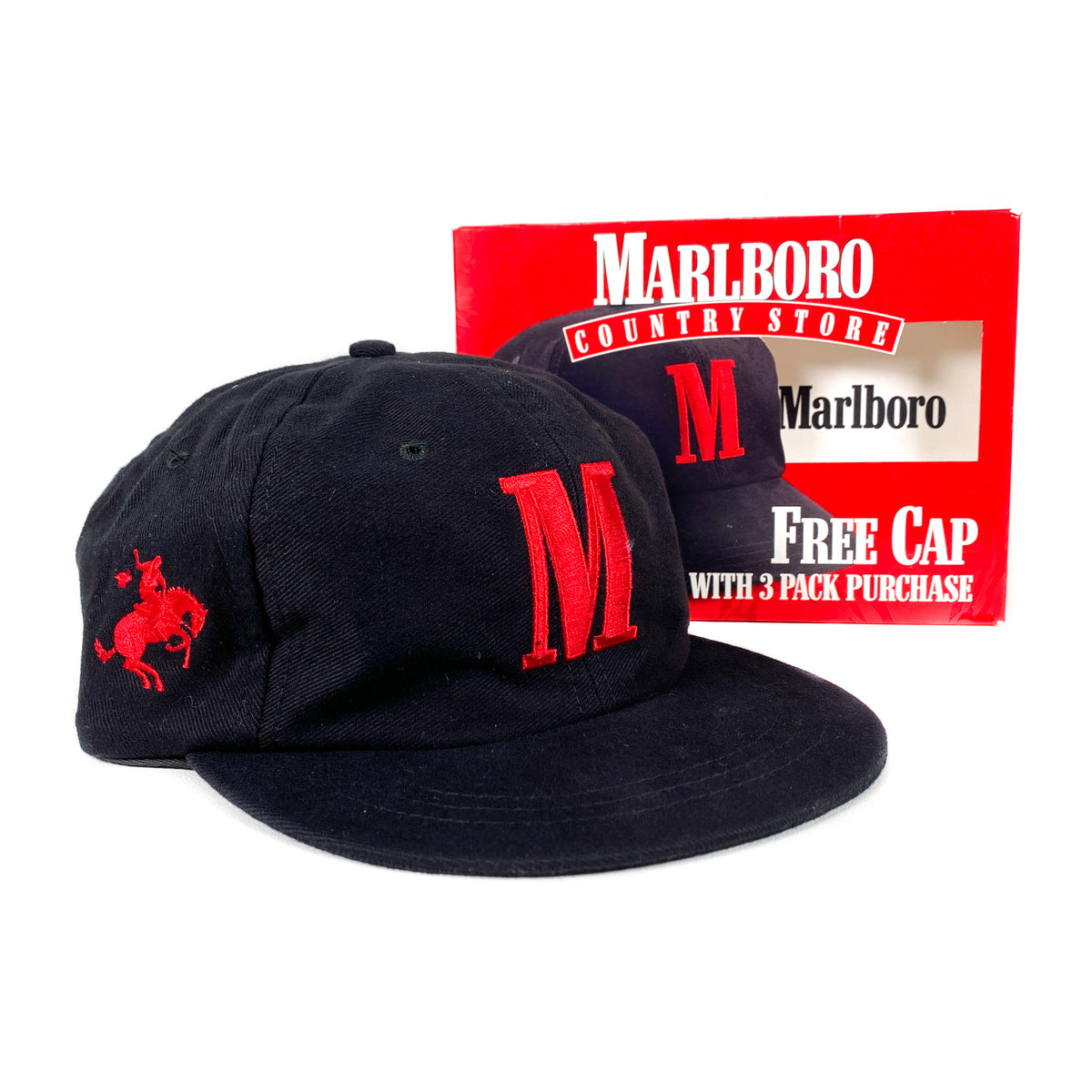 Vintage 90s Marlboro Cigarettes M Cowboy Logo Strapback Black Hat Cap  Vanguard