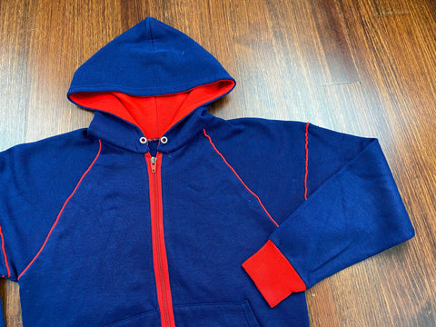 Vintage 60's Plain Blank Blue Zip Hoodie Sweatshirt with Red Pipping