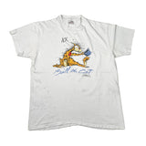 A white vintage graphic t-shirt featuring Garfield sitting and holding a blue bowl, with 'Bill the Cat' printed in blue script below. The shirt has visible stains and wear, and is laid flat on a light background.