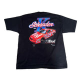 Black t-shirt with a red car graphic and 'K Schrader' text on a white background