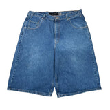 Blue denim shorts on a white background