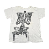 White t-shirt with black skeleton design on a white background