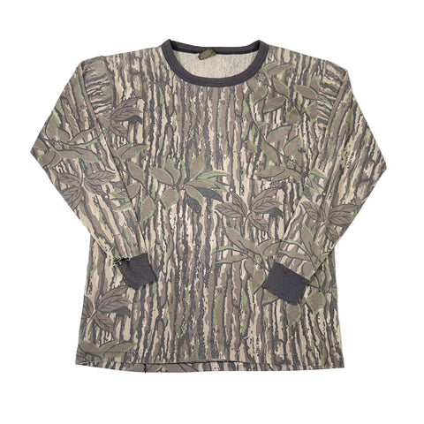 Camouflage-patterned long-sleeve shirt on a white background