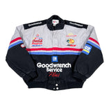 Vintage racing jacket with multiple brand logos on a white background