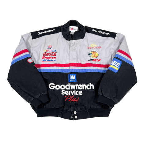 Vintage racing jacket with multiple brand logos on a white background
