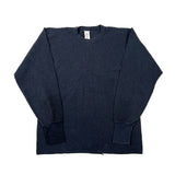 A faded black ribbed knit crewneck sweater laid flat on a white background.