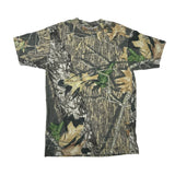Camouflage-patterned t-shirt on a white background