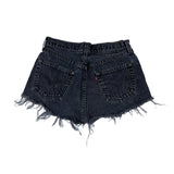 Black denim shorts with frayed edges on a white background