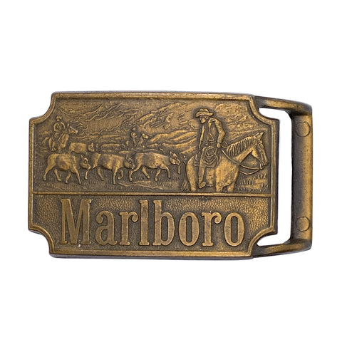 Vintage 90's Marlboro Western Cowboy & Cattle Drive Brass Belt Buckle