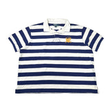 A navy blue and white horizontally striped short-sleeve polo shirt with a small gold crest logo on the left chest, laid flat on a white background.