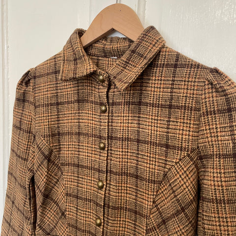 Vintage 70's Brown Plaid Long-Sleeve Wool Dress Vintage 70's Brown Plaid Long-Sleeve Wool Dress