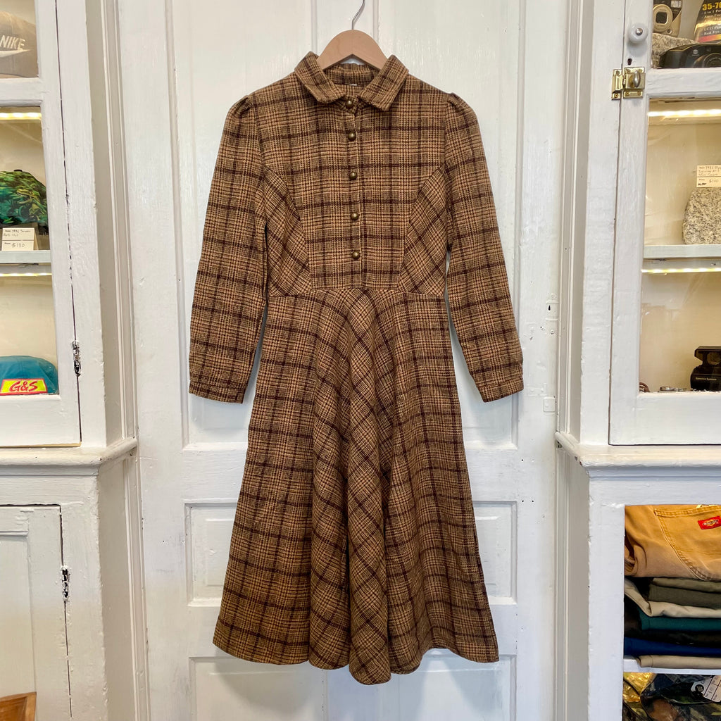 Vintage 70's Brown Plaid Long-Sleeve Wool Dress Vintage 70's Brown Plaid Long-Sleeve Wool Dress