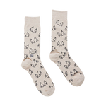 Pair of beige socks with black cat pattern on a white background