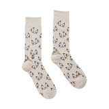 Pair of beige socks with black cat pattern on a white background