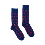 Pair of blue socks with crawfish pattern on a white background