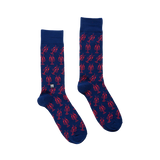 Pair of blue socks with crawfish pattern on a white background