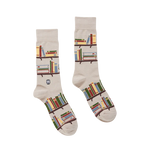 Pair of socks with bookshelf design on a white background