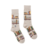 Pair of socks with bookshelf design on a white background