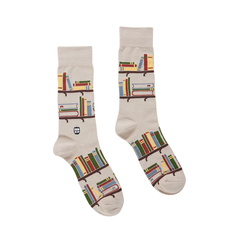 Pair of socks with bookshelf design on a white background