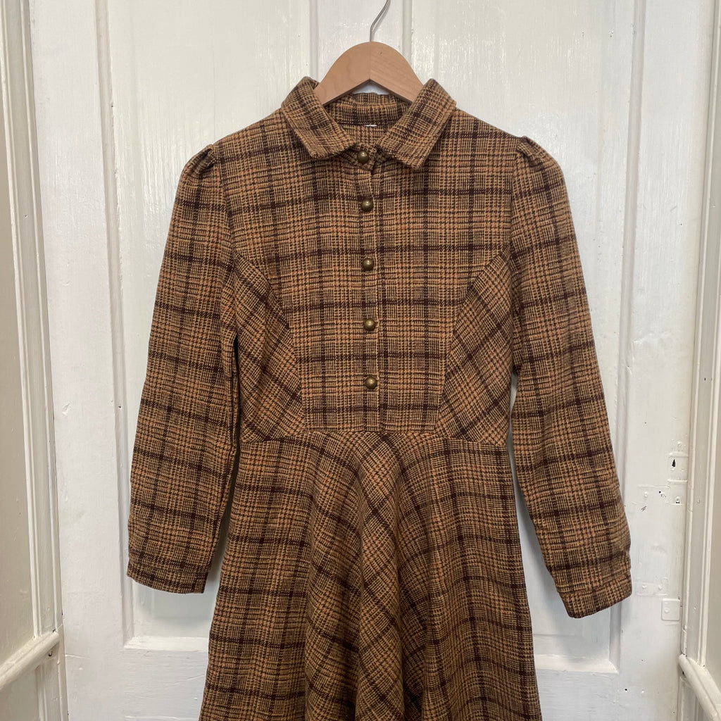 Vintage 70's Brown Plaid Long-Sleeve Wool Dress Vintage 70's Brown Plaid Long-Sleeve Wool Dress