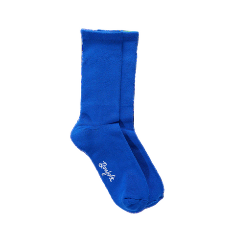 Blue sock with white text on a white background