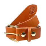 Brown leather belt with gold hardware on a white background