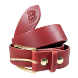 Red leather belt with gold buckle on a white background