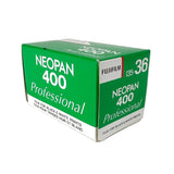A box of Fujifilm Neopan 400 Professional film, 135 36mm, in its original green and white packaging, photographed on a light gray textured surface.