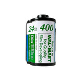 A single roll of 400 ISO Wal*Mart film for developing film, standing upright on a light gray surface against a white background.