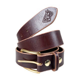 Brown leather belt with gold buckle on a white background