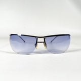 Vintage Y2K Rimless Blue Shield Silver Metal Frame Sunglasses