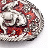 Vintage 1986 Cowboy Bronc Rider Western Belt Buckle Red Enamel USA