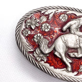 Vintage 1986 Cowboy Bronc Rider Western Belt Buckle Red Enamel USA