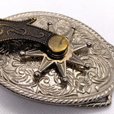 Vintage 90's Western Revolving Cowboy Spur Engraved Silver Tone Belt Buckle