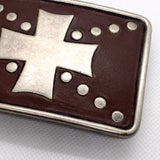 Vintage 90's Brown Leather & Silver Tone Maltese Cross Western Belt Buckle