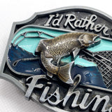 Vintage 90's "I'd Rather Be Fishing" 3D Fish Enamel Pewter Belt Buckle