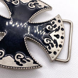 Vintage Y2K Black Gothic Maltese Cross Enamel Silver Tone Belt Buckle