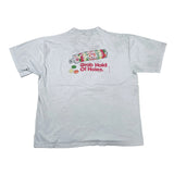 A light gray short-sleeve t-shirt laid flat on a white background, showing the back side with a vintage-style graphic of a bubblegum bottle and the text 'Grab Hold Of Holes.' in red.