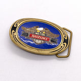 Vintage 1989 Suzuki Motorcycles Solid Brass Blue Enamel Belt Buckle