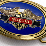 Vintage 1989 Suzuki Motorcycles Solid Brass Blue Enamel Belt Buckle