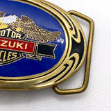 Vintage 1989 Suzuki Motorcycles Solid Brass Blue Enamel Belt Buckle