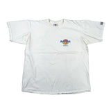 A white short-sleeve t-shirt with a small Hard Rock Cafe San Francisco logo printed on the left chest, laid flat on a light gray surface.