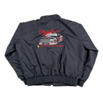 Dark gray jacket with red and white graphic design on a white background